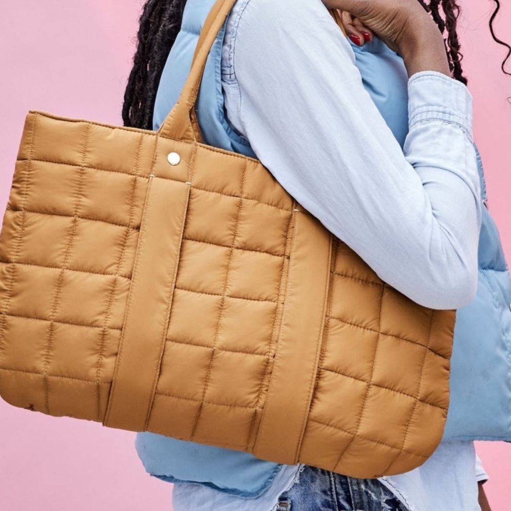 Clare V La Tropezziene Quilted nylon puffer tote bag mustard golden yellow